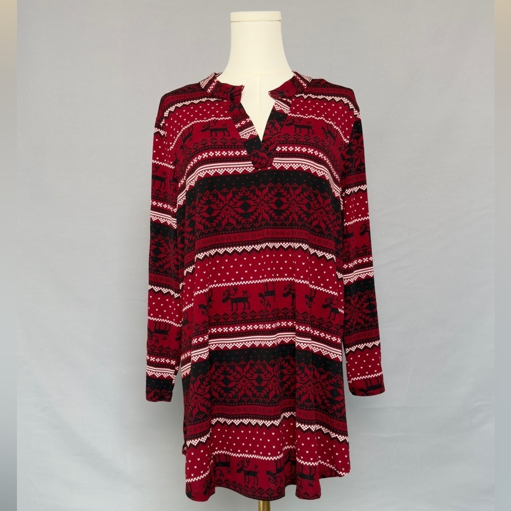 Holiday-Inspired Red Patterned Tunic Top